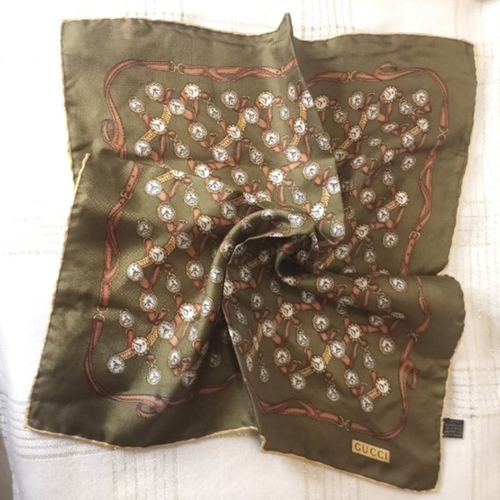 GUCCI Vintage OlivevGreen Silk Wrist Watch Clock Scarf Handkerchief - Picture 6 of 16